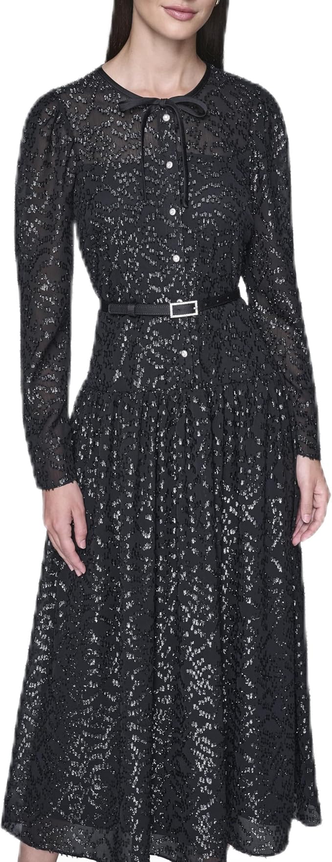 Karl Lagerfeld Women’s Long Sleeve Crew Neck Rhinestone Buckle Belt Chiffon Midi Dress
