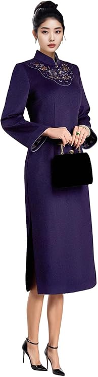 HangErFeng Luxury Wool Cheongsam Floral Embroidery High Slit Evening Dress 3716