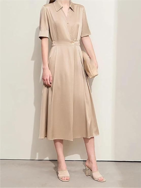 Women’s Turn-Down Collar Short Sleeve Shirt Dress Single Breasted Minimalist Light Luxury Midi Office Dresses(Beige,Medium Short)