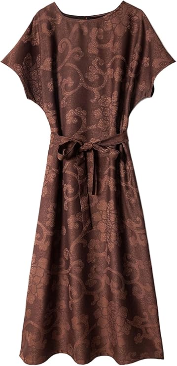 HangErFeng Women’s Fragrant Cloud Silk Song Brocade Round Neck Tie Midi Dress 3050