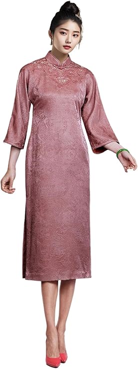 HangErFeng Luxury Silk Cheongsam Floral Embroidery High Neck Slim Fit Formal Dress 3718
