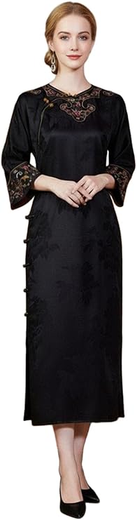 HangErFeng Women Fragrant Cloud Silk Dress Peony Jacquard Embroidery Trumpet Sleeve Cheongsam 3077